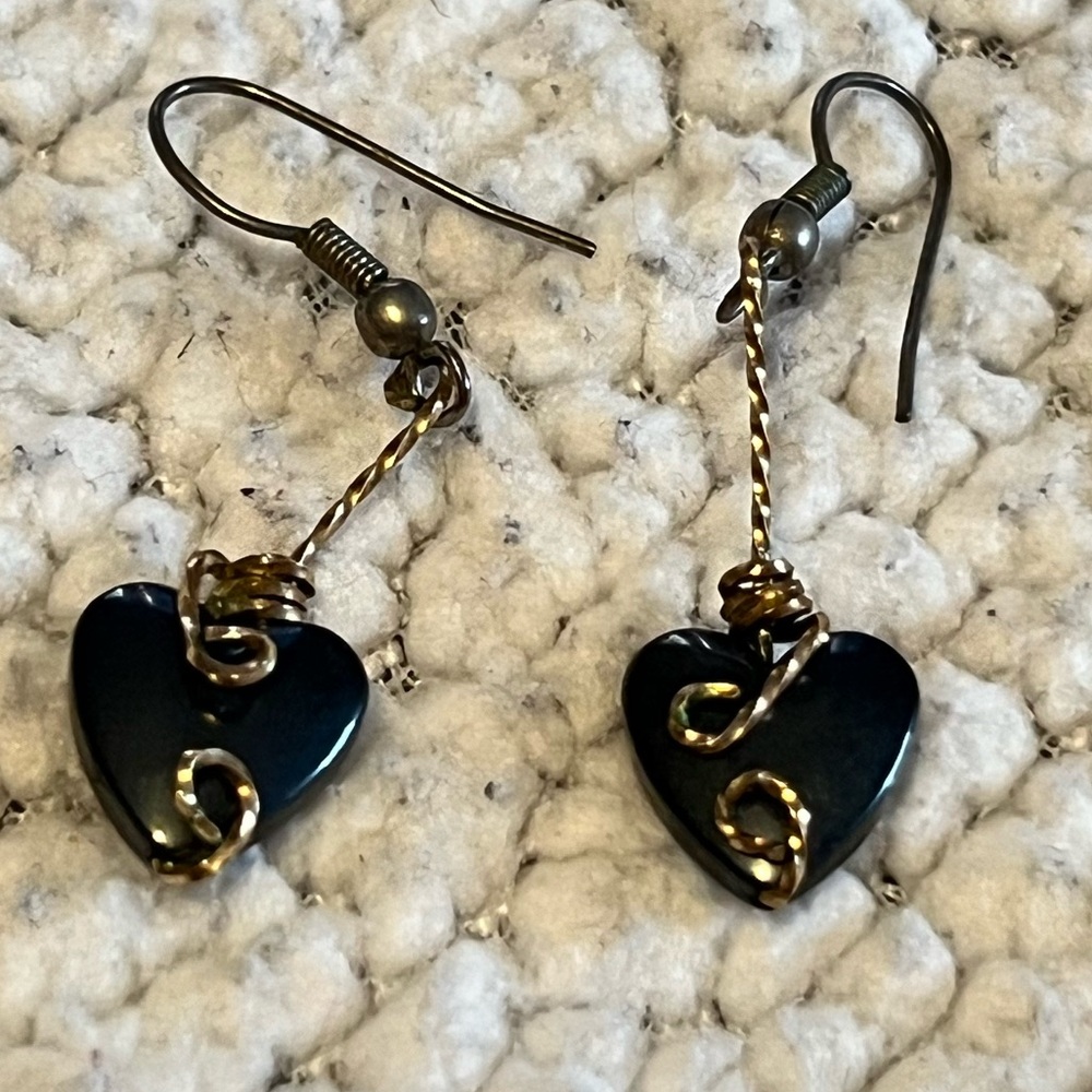 Wire Wrapped Black Onyx Heart FishhookEarrings